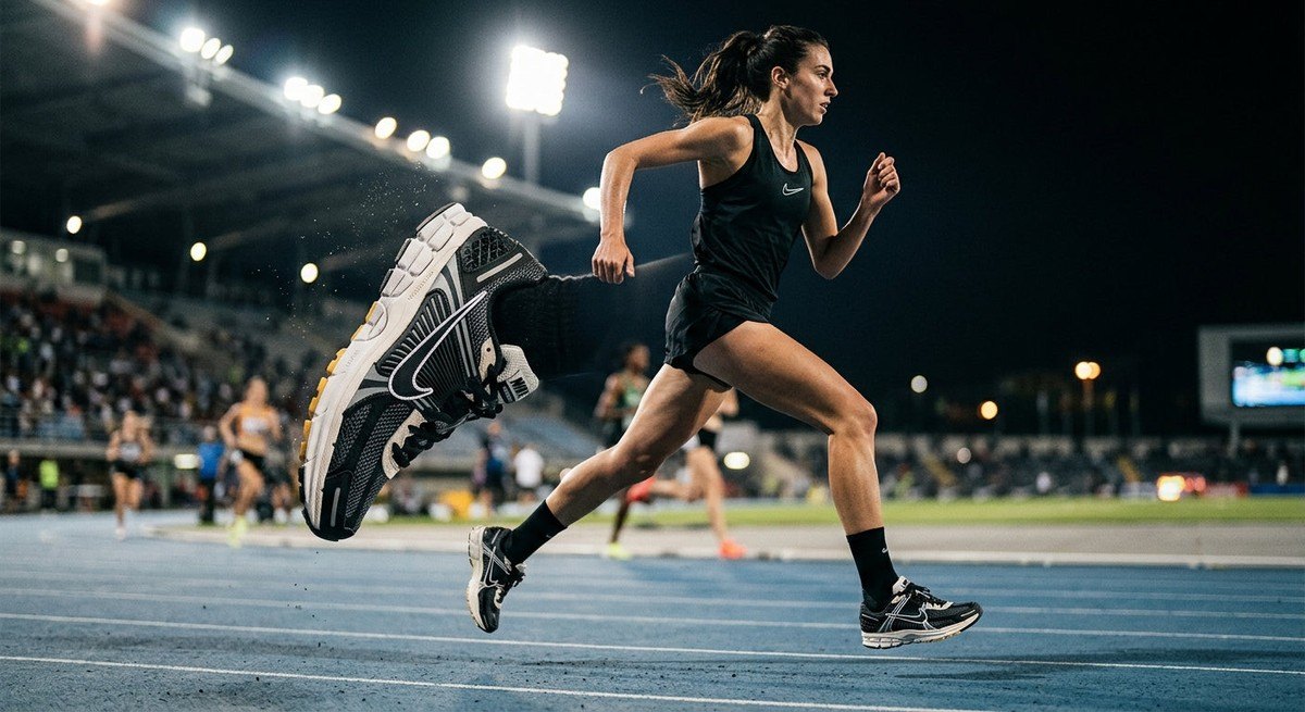 A side-profile shot of the Nike Vomero Plus shoe mid-stride, capturing realistic textures and sharp aerodynamic details under stadium floodlights.