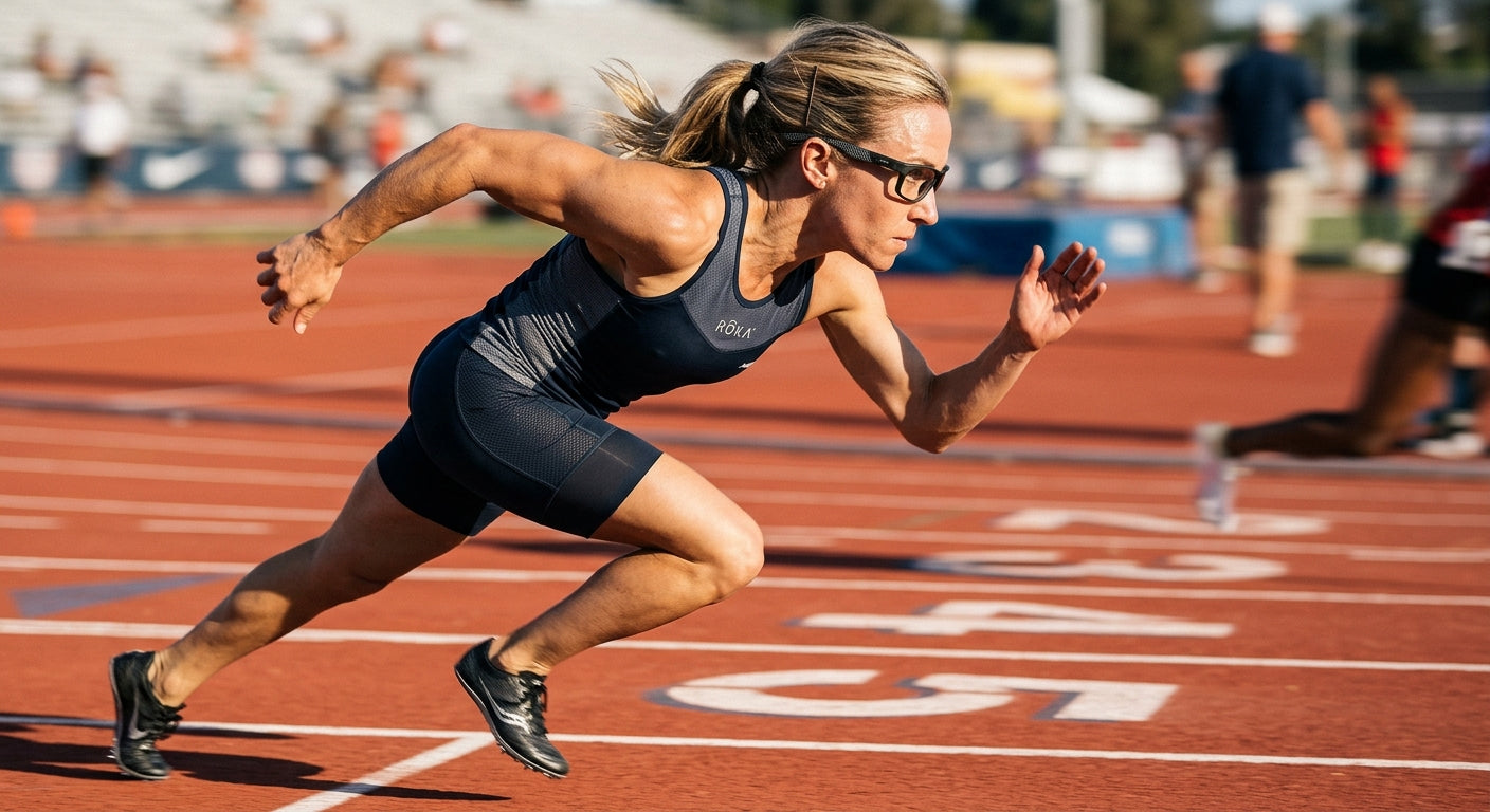 A side-profile shot of the ROKA Oslo frame showing detailed temple geometry and Geko grip textures during a high-speed sprint.