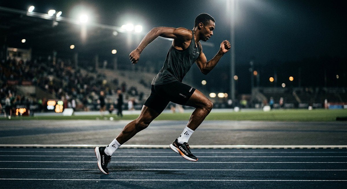 A side-profile view of a professional athlete wearing Craft footwear in motion, captured with a moody, high-contrast stadium aesthetic.
