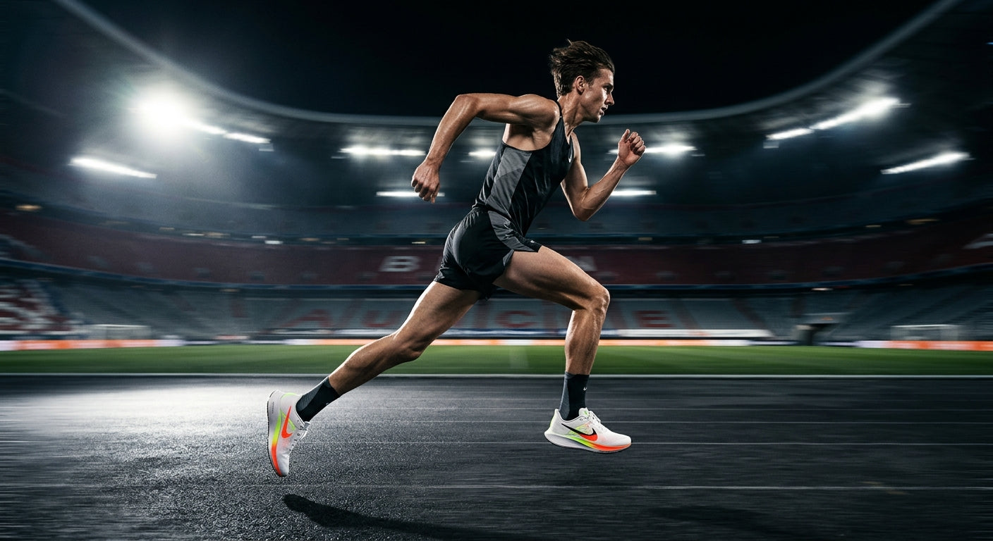 A side-profile view of a runner in high-speed motion wearing Nike Pegasus 41, with dramatic stadium lighting highlighting the shoe's silhouette and the blurred asphalt motion.