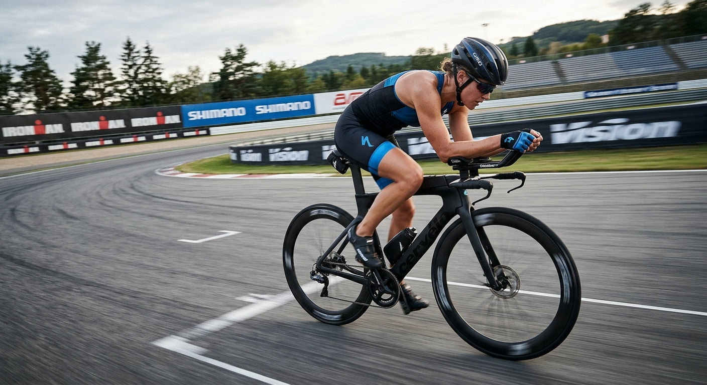 A side-profile view of a sleek triathlon bike setup featuring Vision Team Mini TT aerobars, with blurred motion capturing speed on a professional track.