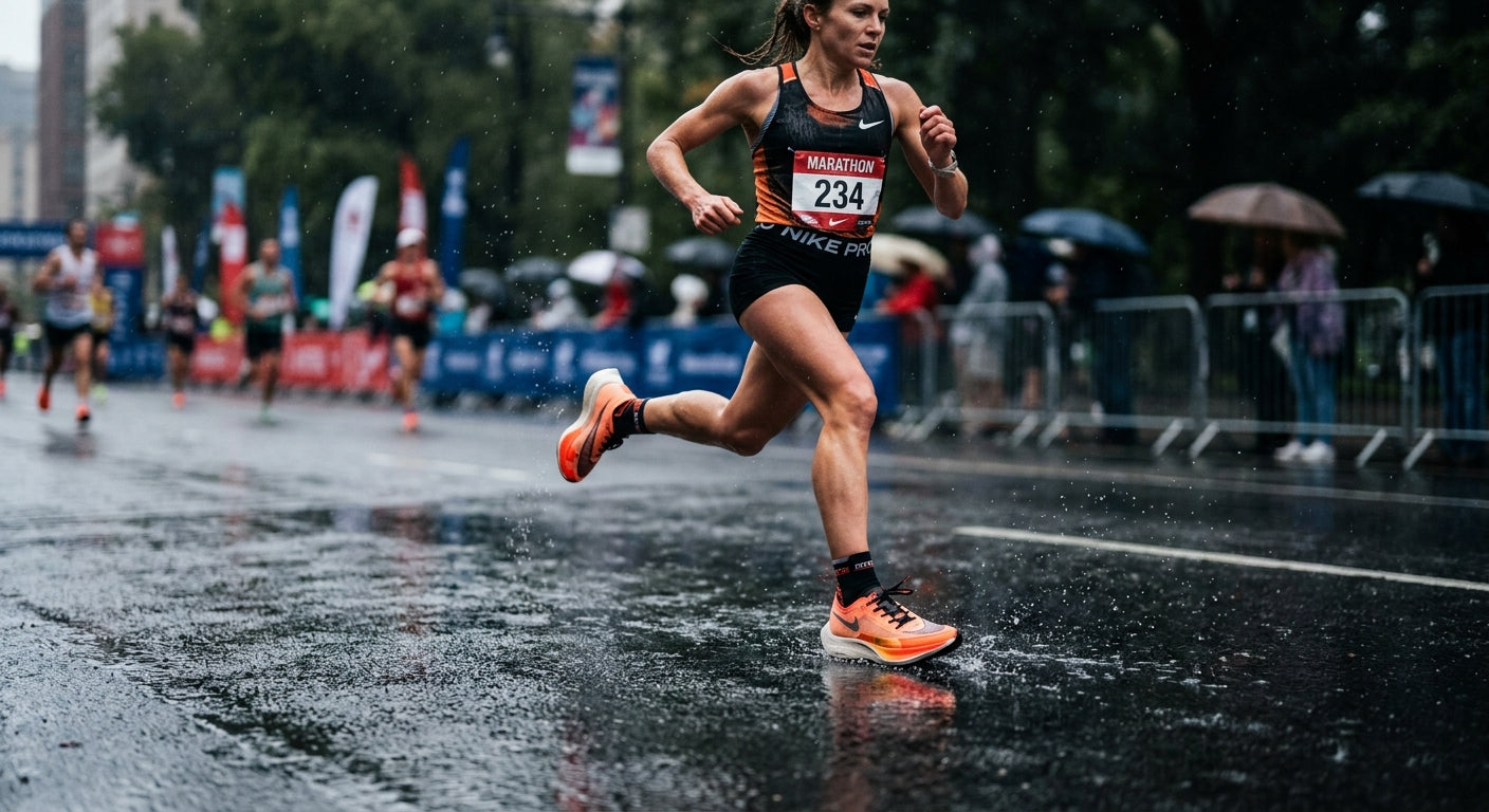 A side-view action shot of a marathon runner's foot strike on wet asphalt, highlighting the stability of carbon-plated racing footwear.