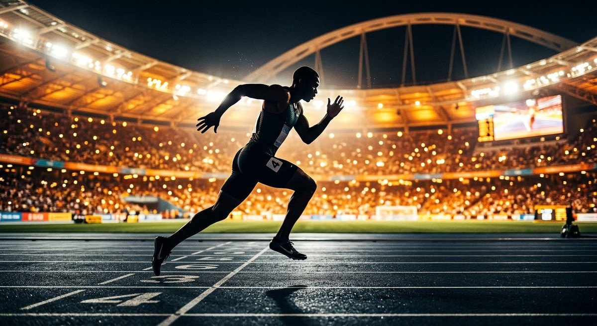 A silhouette of a runner in mid-stride against a glowing stadium background, capturing the essence of high-speed athletic action.