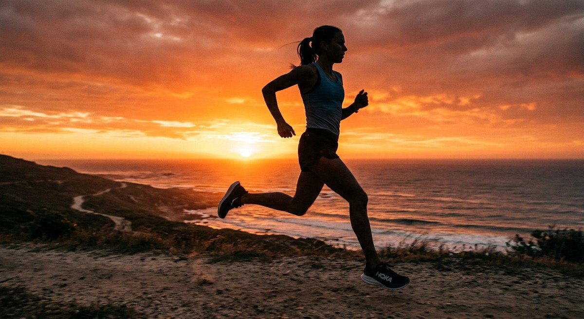 A silhouette of an athlete in mid-stride during a sunset run, emphasising the sleek profile and rocker geometry of a modern Hoka performance shoe.