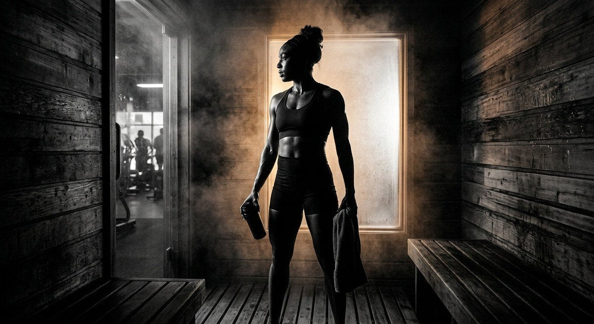 A silhouette of an athlete inside a modern wooden sauna, with intense contrast and sharp textures highlighting the heat and steam in a professional athletic facility.