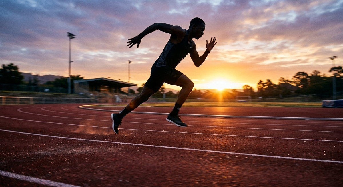 A silhouette of an athlete running on a track at dawn, showcasing intense focus and motion blur, professional sports photography.