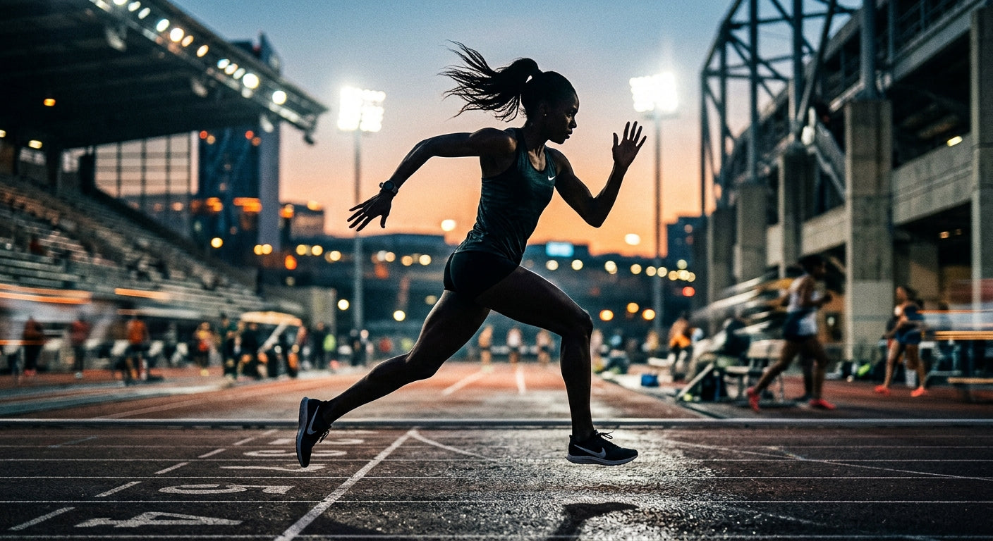 A silhouette of an athlete training in a high-speed environment with, featuring dramatic shadow play and professional athletic aesthetics.