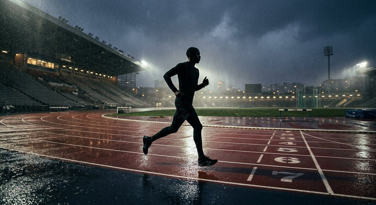 A silhouette of an endurance runner maintaining a steady tempo pace on a moody, rain-slicked stadium track.