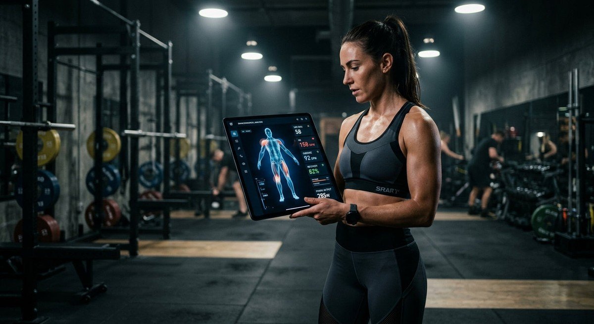 A sleek, minimalist digital interface displaying complex biological metrics and a 3D digital twin model on a tablet, set against a moody, professional gym background with stadium lighting.