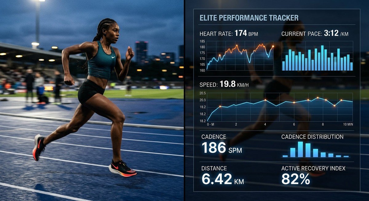 A split-screen composition showing an athlete running on a track at high speed with motion blur and a digital interface overlay of performance graphs.