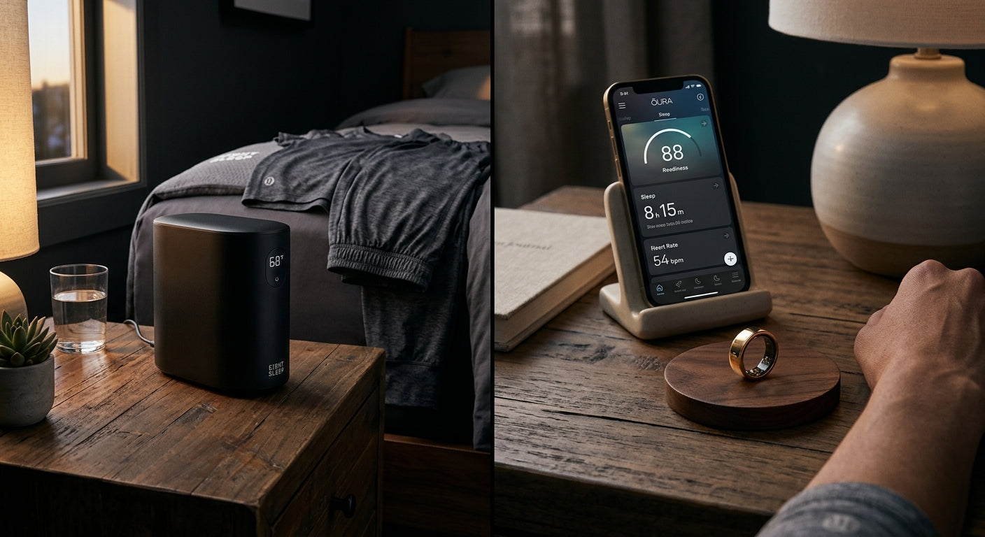 A split-screen composition showing the Eight Sleep cooling hub next to an Oura Ring resting on a bedside table, captured with professional depth-of-field.