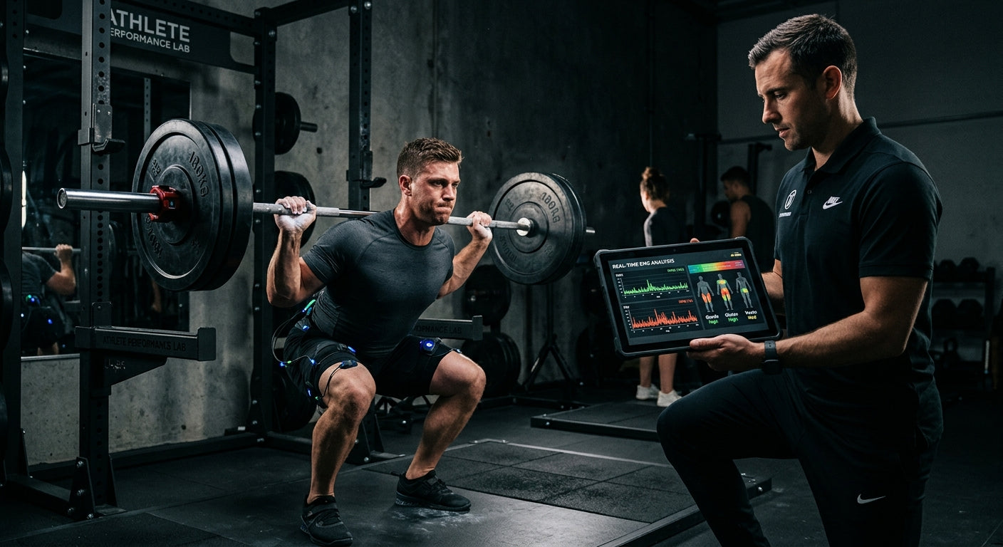 A sports scientist analysing real-time neuromuscular activation data on a tablet while an athlete performs a weighted squat in a dark, high-contrast training facility.