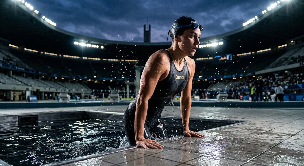 A swimmer emerging from a cold water plunge pool with water droplets catching the light, set against a cinematic, high-contrast stadium background.