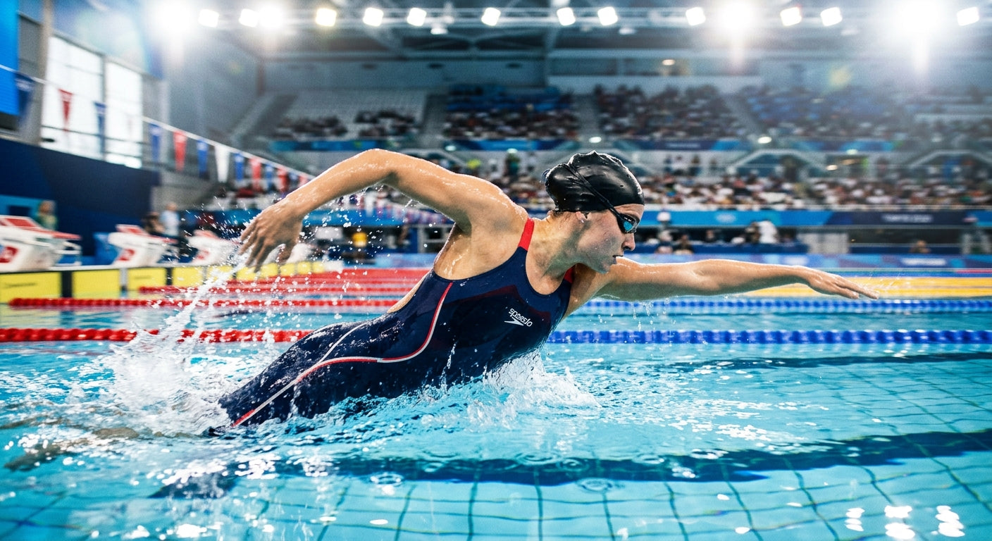A swimmer in a sleek one-piece swimsuit training in a stadium pool, captured with professional high-speed photography and motion blur.