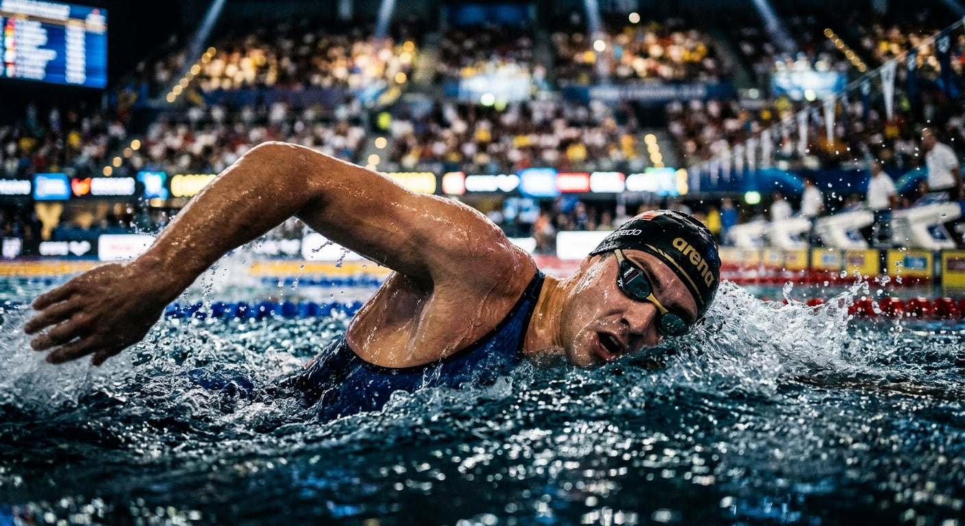 A swimmer mid-stroke, capturing the sharp, fine details of high-performance racing goggles with a background of blurred stadium lights and motion.