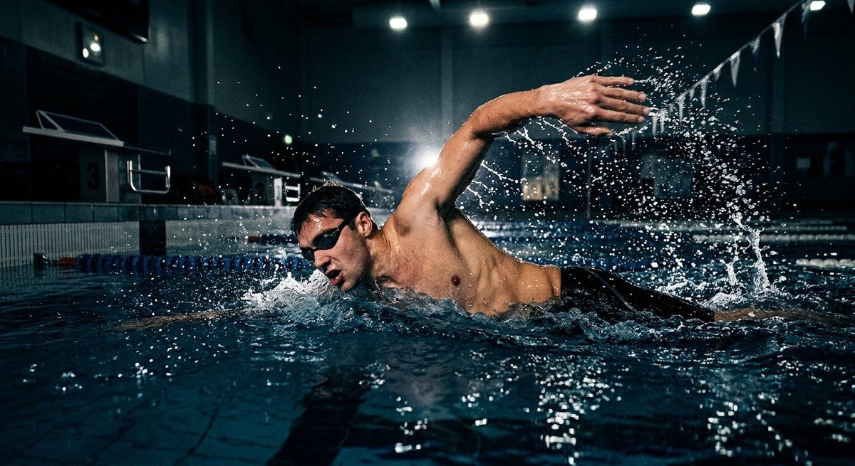 A swimmer performing a powerful freestyle stroke in a pool with dramatic lighting and water droplets captured in mid-air.
