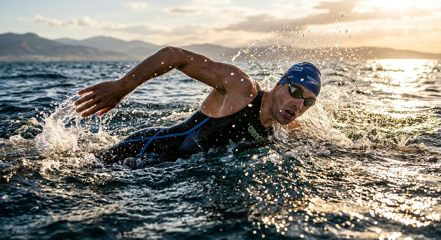 A swimmer performing a powerful stroke in open water with cinematic water droplets and sunlight reflecting off the surface.