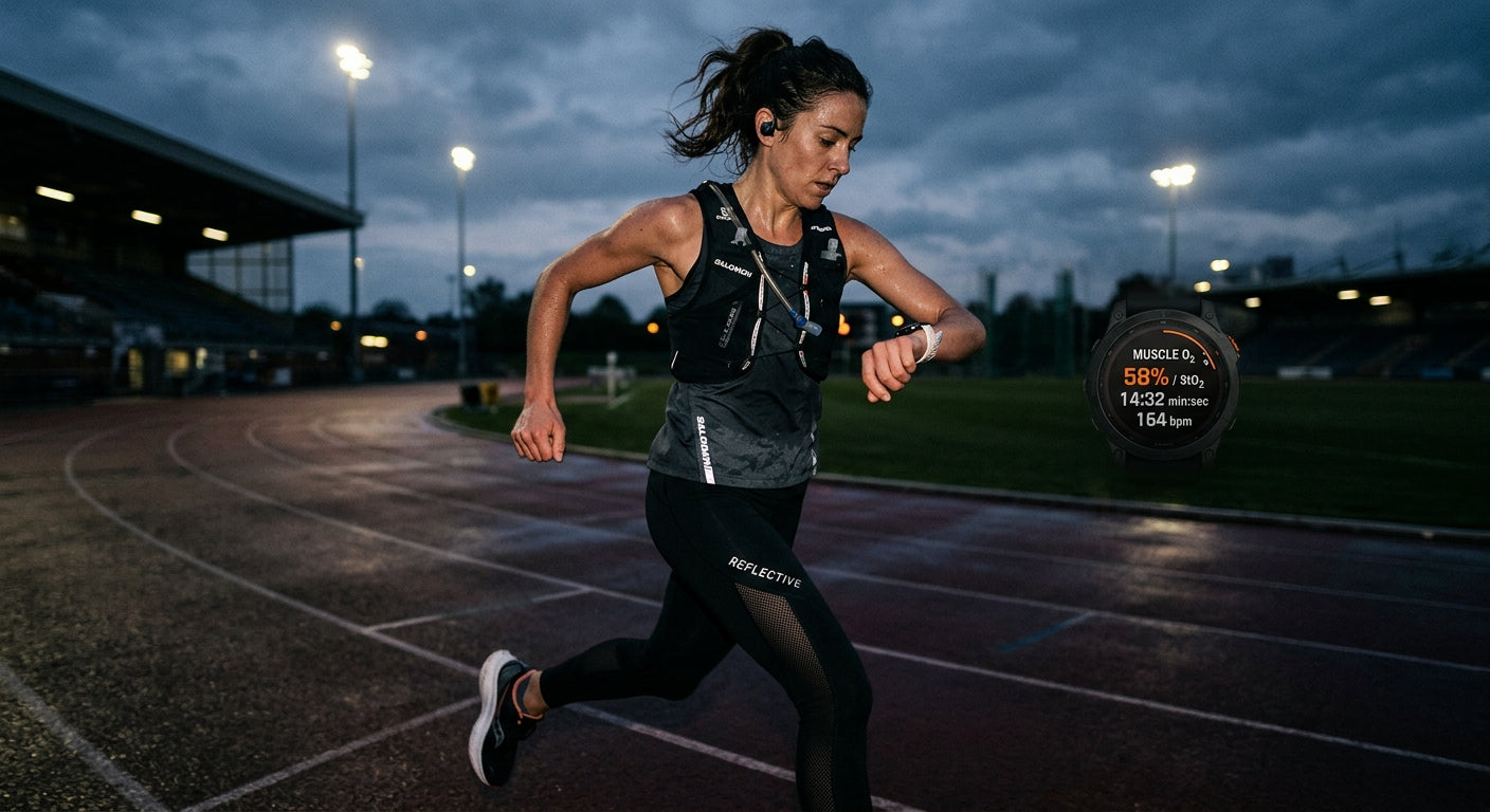 A tech-savvy endurance athlete looking at a smartwatch displaying real-time muscle oxygenation data while running on a track, moody atmospheric lighting.