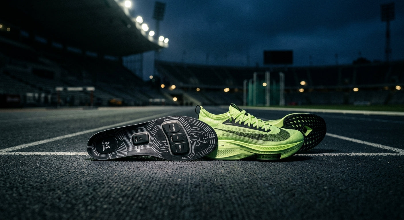 A technical, high-speed photograph of a biomechanical sensor-embedded insole resting next to a high-end racing shoe, moody stadium atmosphere.