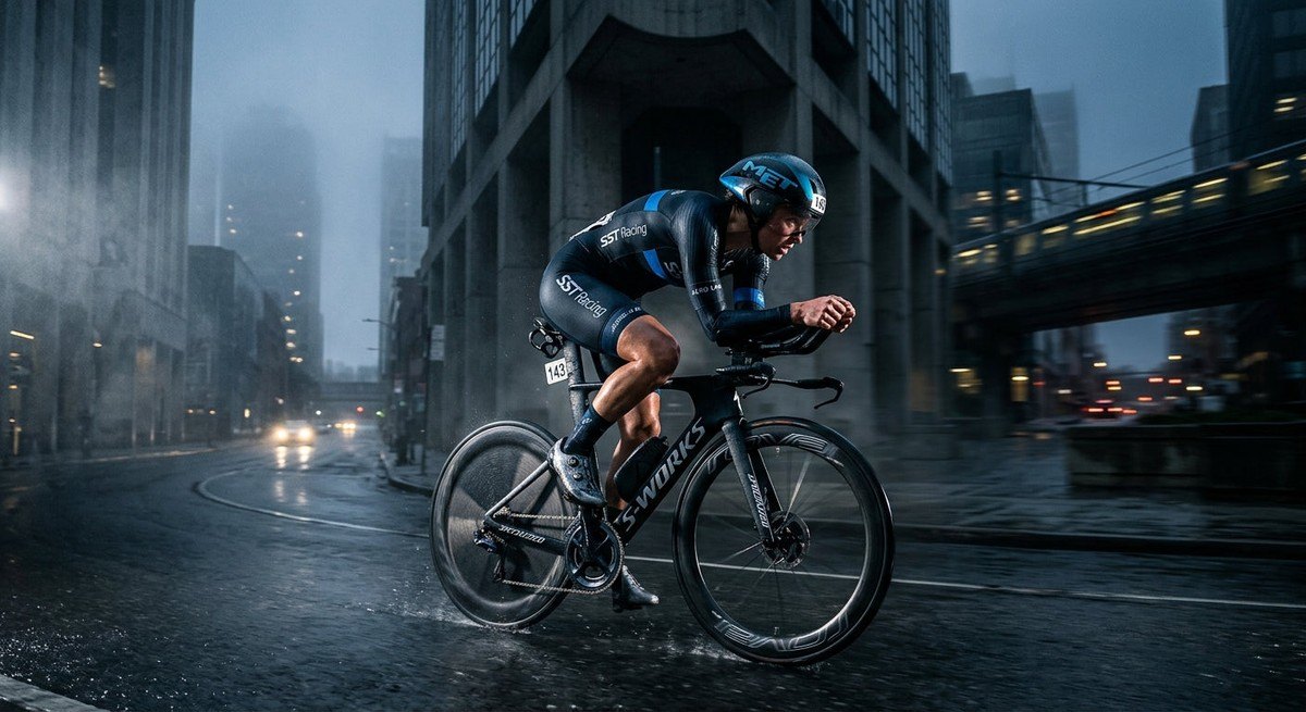 A time-trialist in an aerodynamic tuck position, racing through a misty, high-contrast urban environment with dramatic lighting highlighting the sleek equipment.