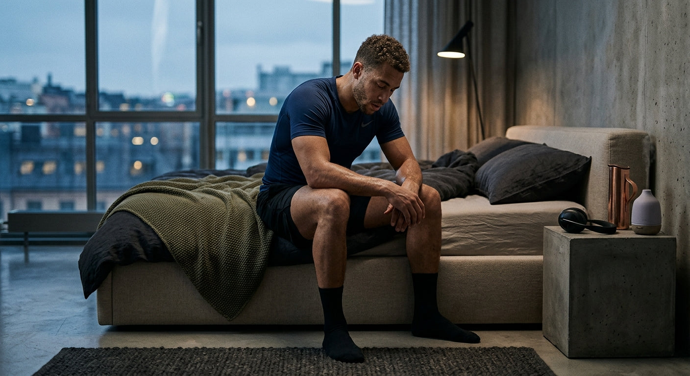 A tired athlete resting in a minimalist, modern room using premium sleep accessories, captured with moody, cinematic lighting and sharp, realistic textures.