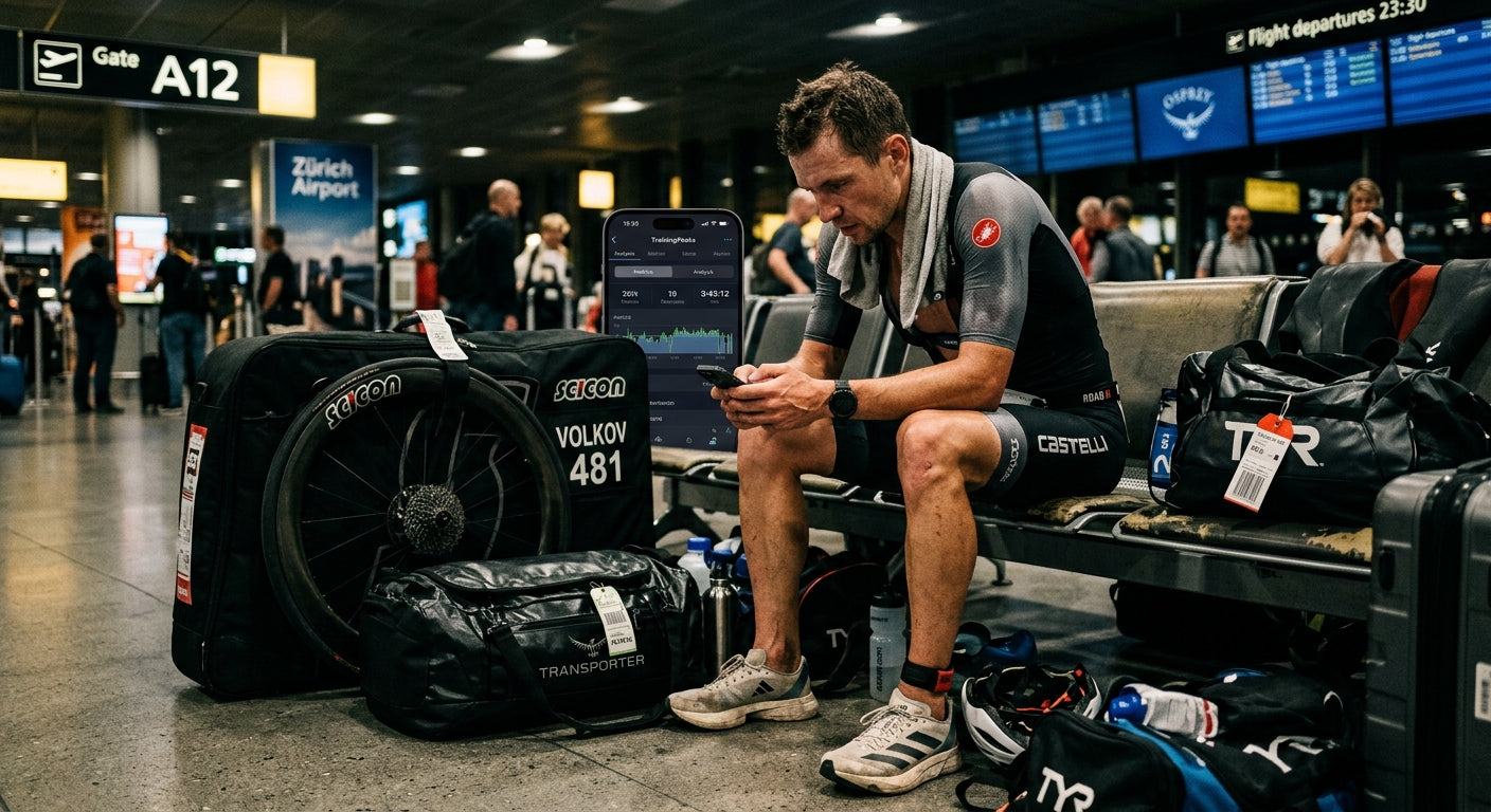 A tired but focused triathlete checking a performance app on a smartphone, surrounded by professional travel gear and athletic luggage in a dramatic, high-contrast setting.