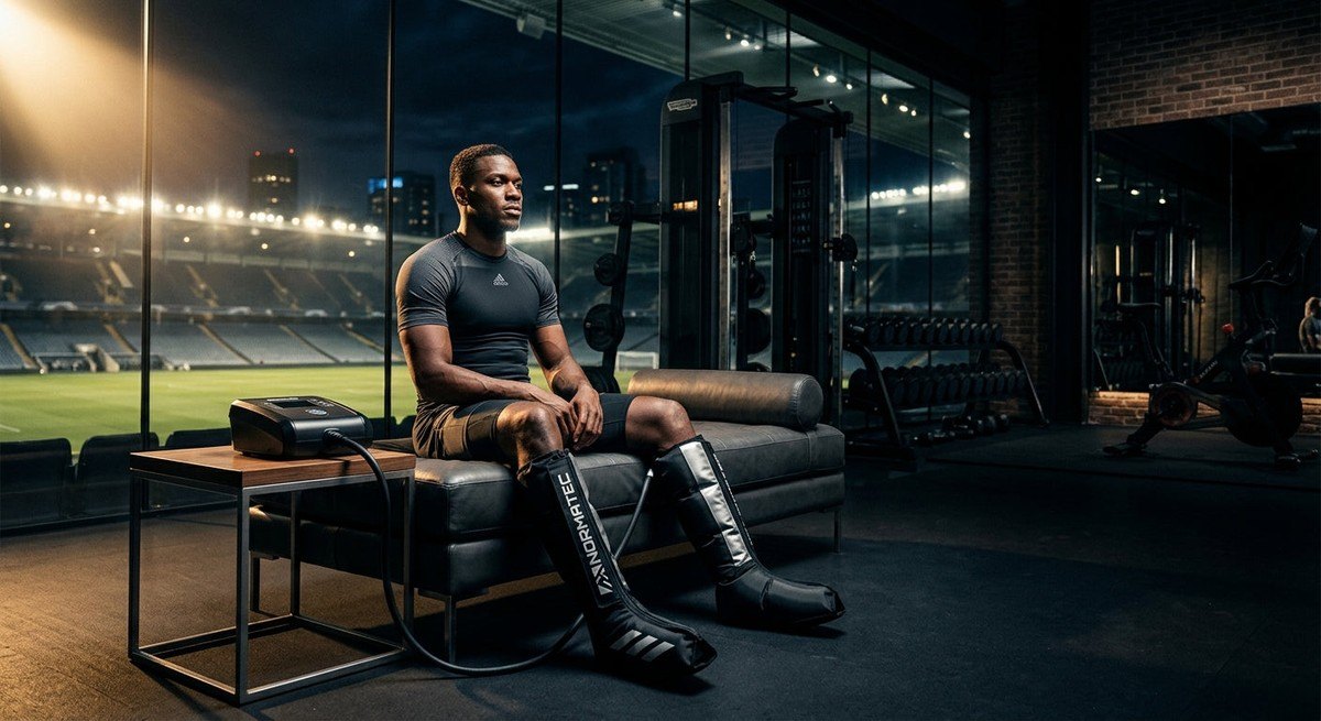 A top-tier athlete sitting in a luxury training facility, using advanced recovery technology with dramatic stadium lighting and high-contrast shadows.