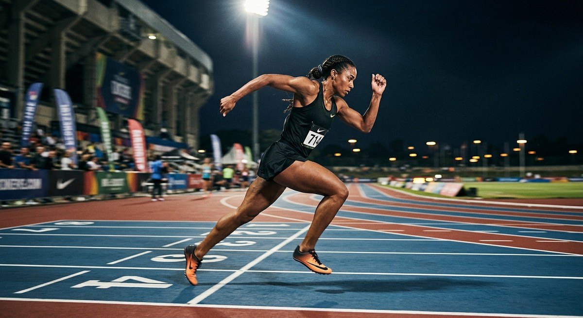 A track athlete in mid-stride during a high-speed interval workout on a professional synthetic track, captured with motion blur and sharp, moody stadium stadium details.