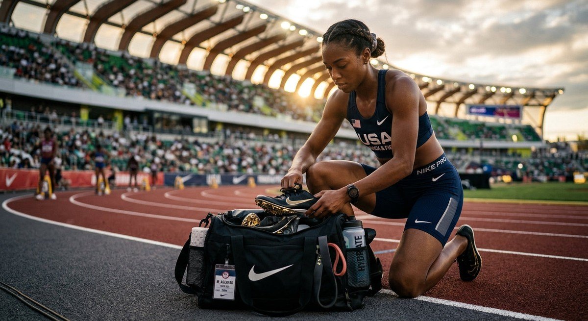 A track athlete preparing in a stadium setting, focusing on the refined details of professional spike bags and high-performance gear.