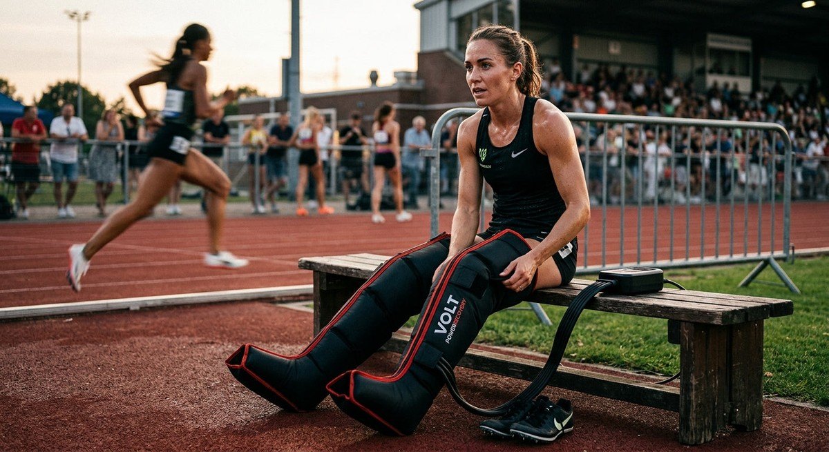 A track athlete wearing advanced pneumatic compression boots while sitting on a bench, captured in a high-speed action shot with dramatic shadows.