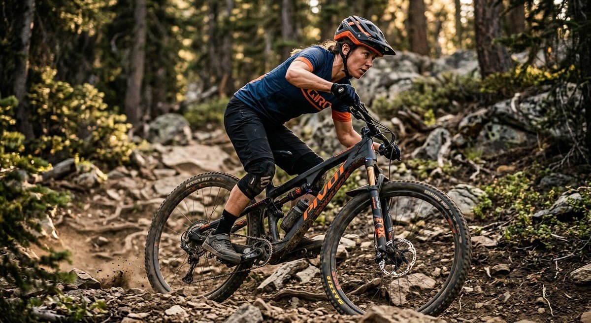 A trail cyclist intensely focused on a technical climb, captured in high-speed photography with dramatic shadows and sharp, detailed textures on the bike and gear.