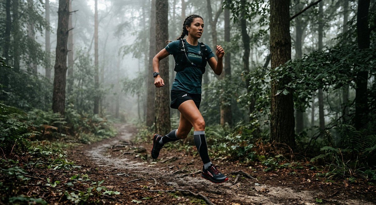 A trail runner mid-stride on a misty forest path, emphasising the zero-drop profile and the sleek design of the Lone Peak 10.