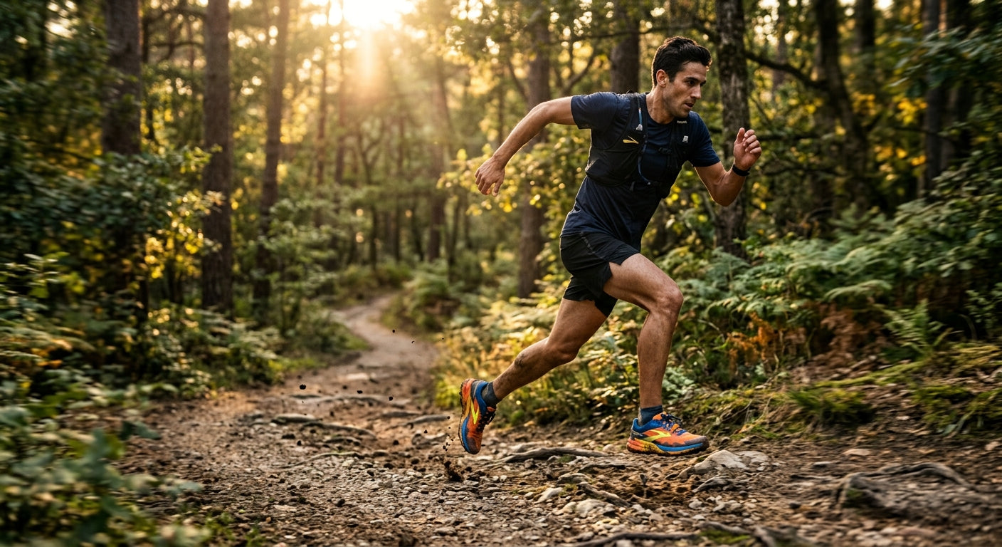 A trail runner sprinting through a forested path during golden hour, highlighting the dynamic movement and high-speed aesthetic of the Brooks Catamount 5.