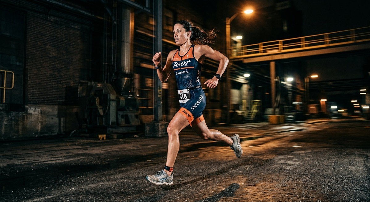 A triathlete captured in a dramatic running gait, with motion blur conveying speed and raw power against a dark, industrial background.