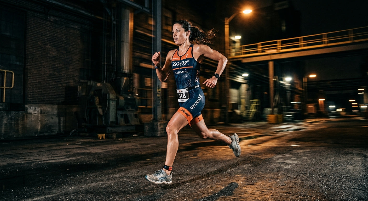 A triathlete captured in a dramatic running gait, with motion blur conveying speed and raw power against a dark, industrial background.