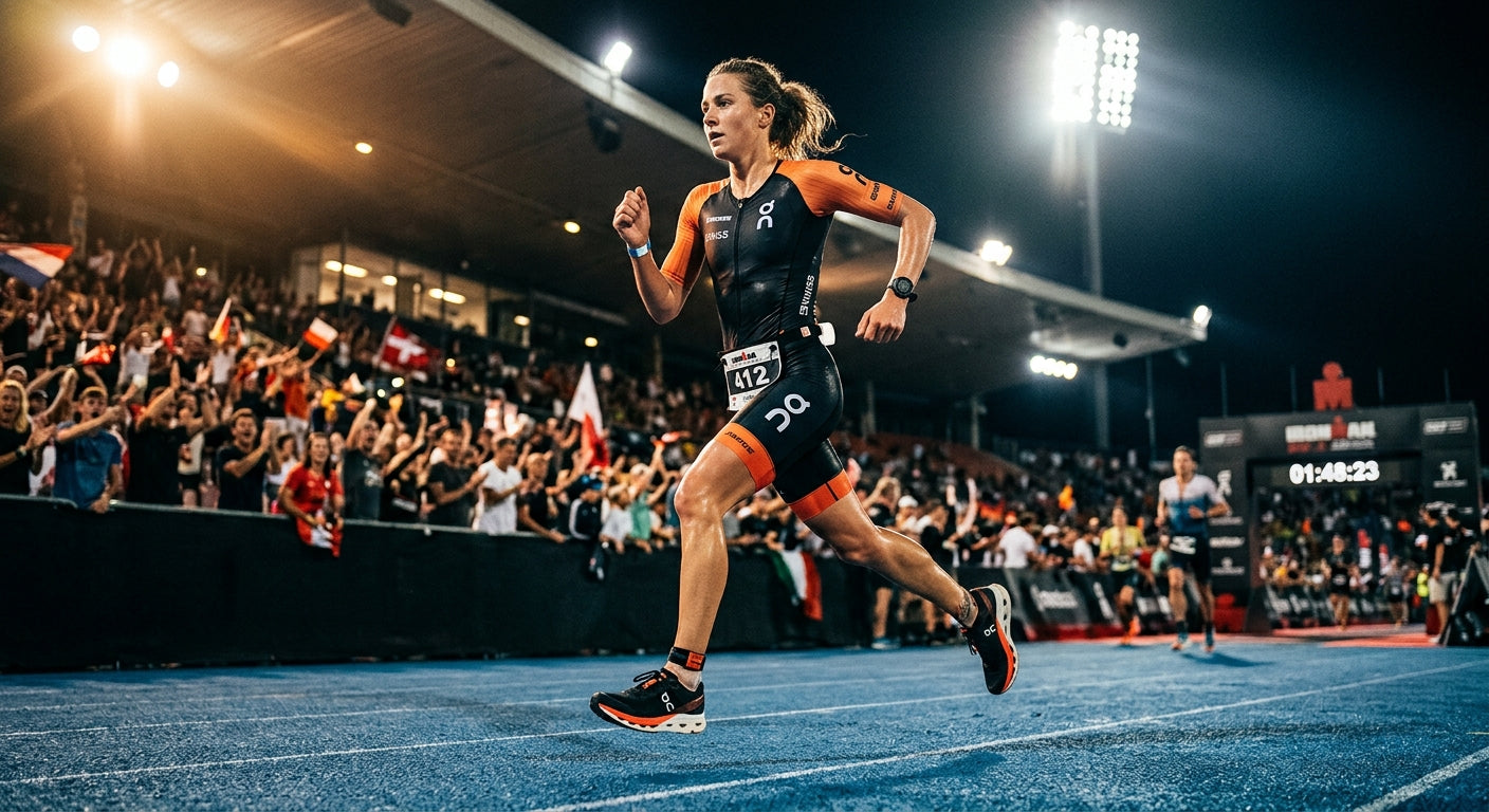 A triathlete in a high-tech racing suit mid-stride wearing the On Running Cloudboom Strike 2 with cinematic stadium lighting.