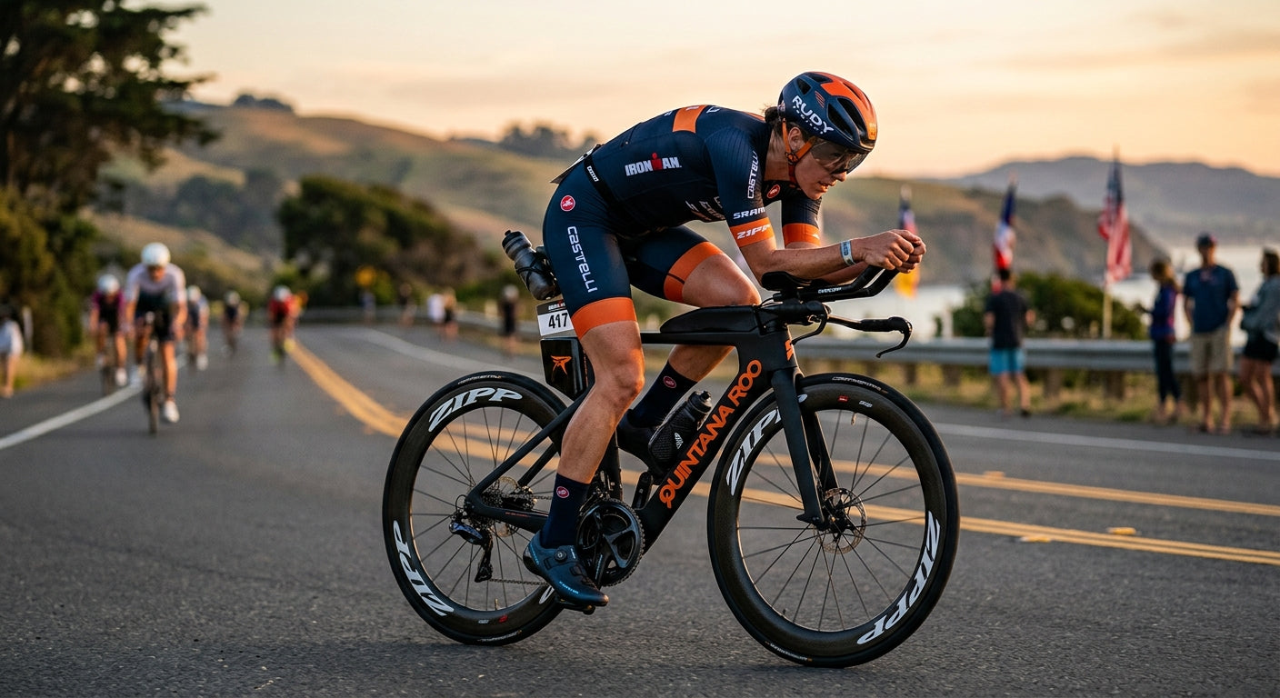 A triathlete in a low-profile aero position, demonstrating an open hip angle and efficient pedalling technique during a race.