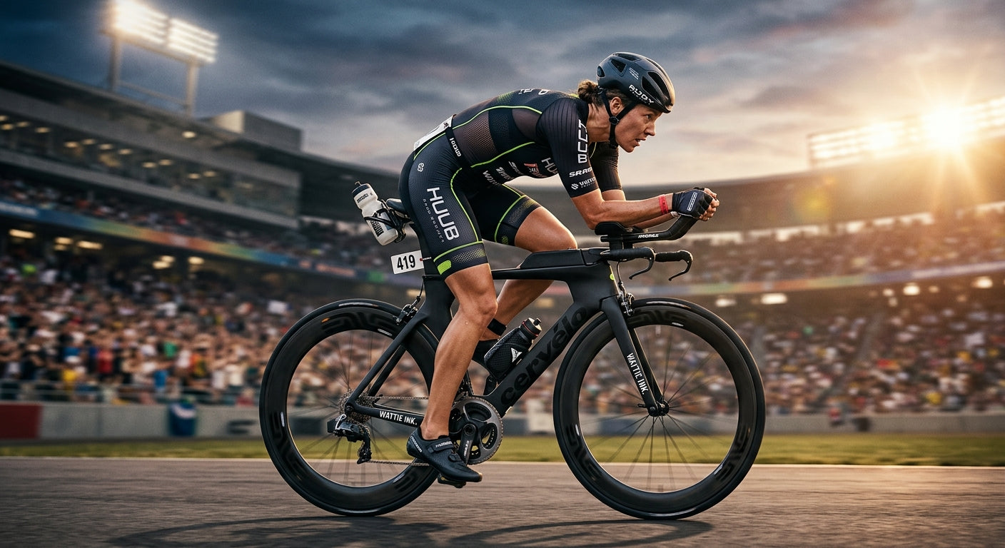 A triathlete in a professional race suit crouching in an aggressive aerodynamic position on a carbon bike, stadium background.