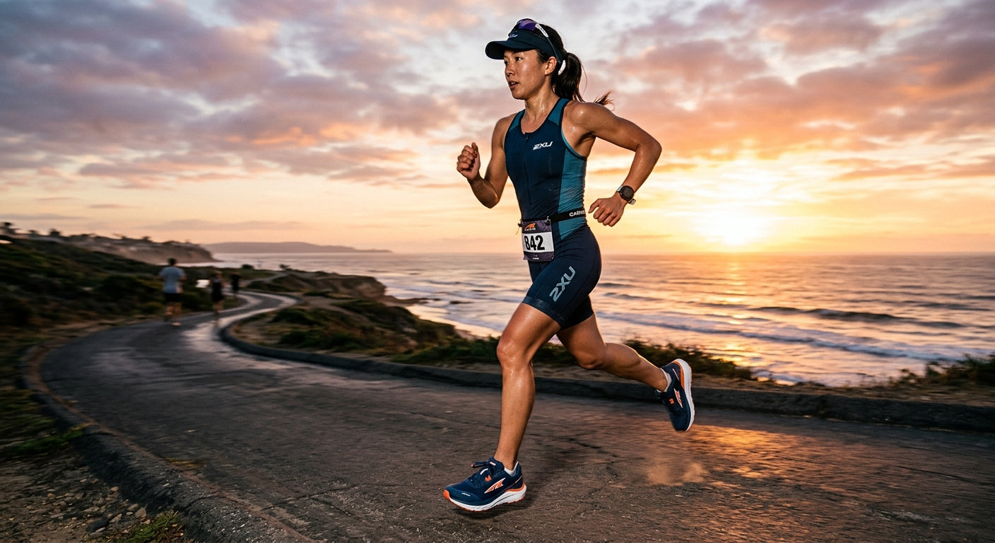 A triathlete in mid-stride during a sunset run, highlighting the stability features and ergonomic design of the Altra Paradigm 9.