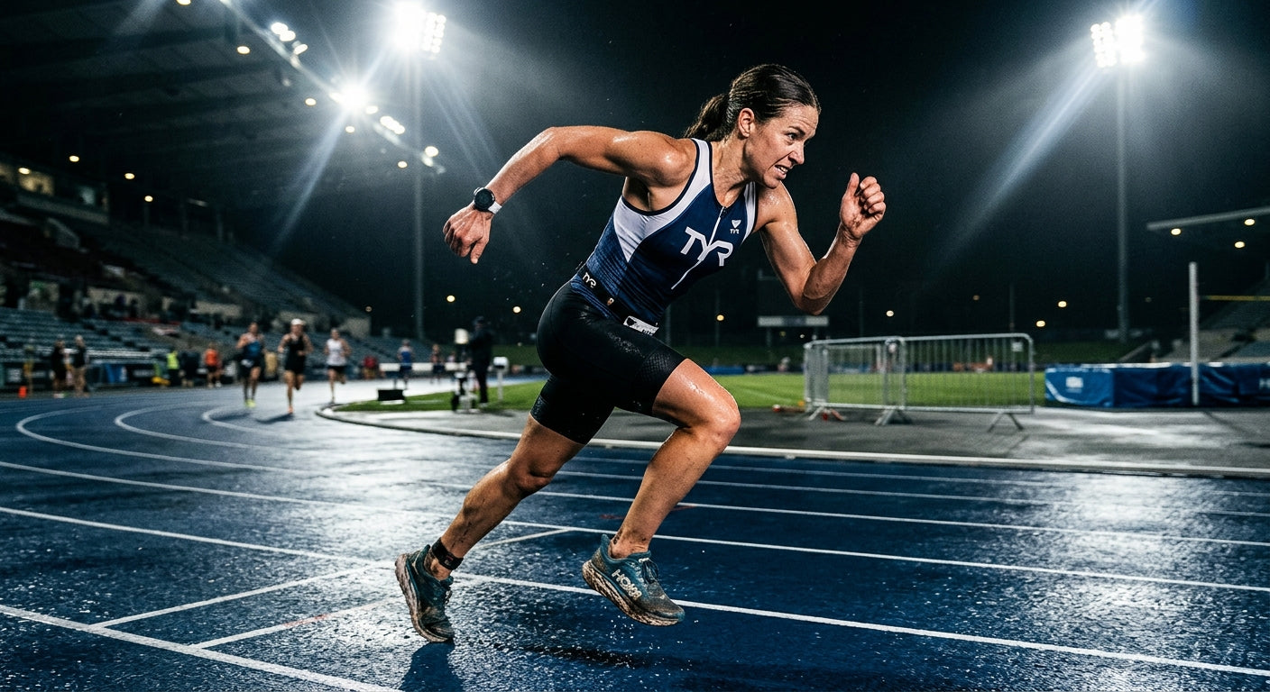 A triathlete performing a high-intensity interval session in professional gear, featuring sharp textures and dramatic stadium-style illumination.