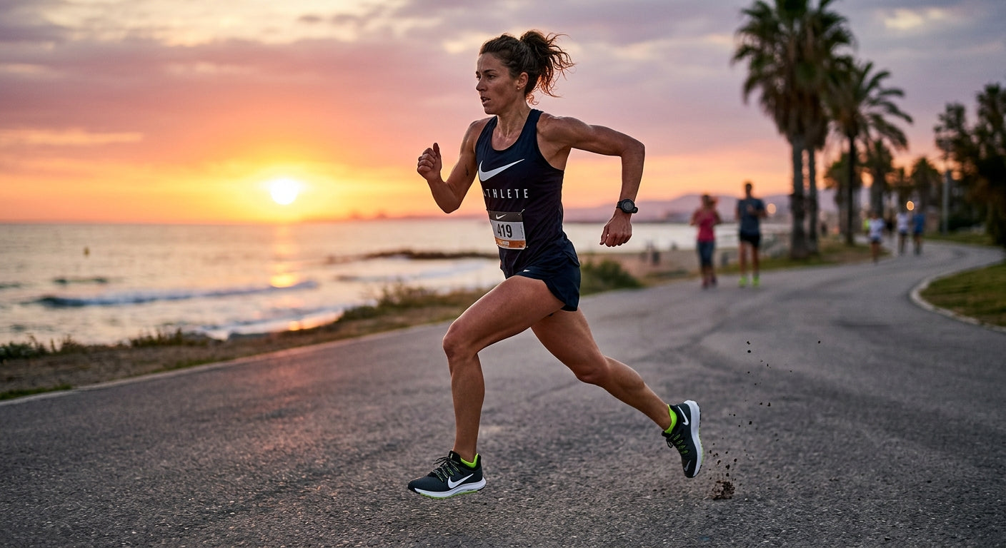A triathlete performing a high-intensity interval run at sunset, highlighting the sleek design of the Nike Quest 7 in a professional athletic photography style.