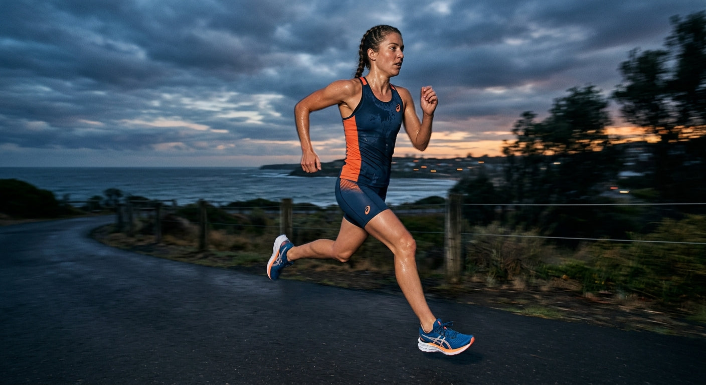 A triathlete performing a high-intensity interval run at twilight, wearing the ASICS Sonicblast 2 with sharp motion blur and cinematic focus.