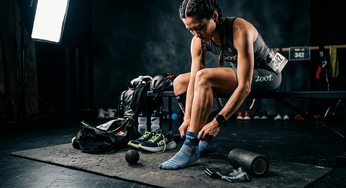 A triathlete preparing for a race, showcasing the detail of anti-blister socks and foot mobility equipment in a dramatic, high-contrast studio setting.