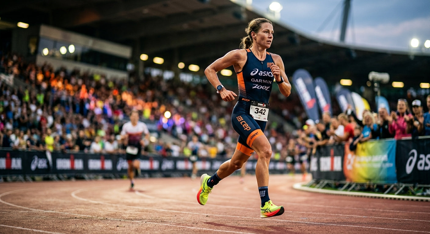 A triathlete running in a blurred stadium setting, showcasing sharp focus on equipment and the intensity of a competitive race.
