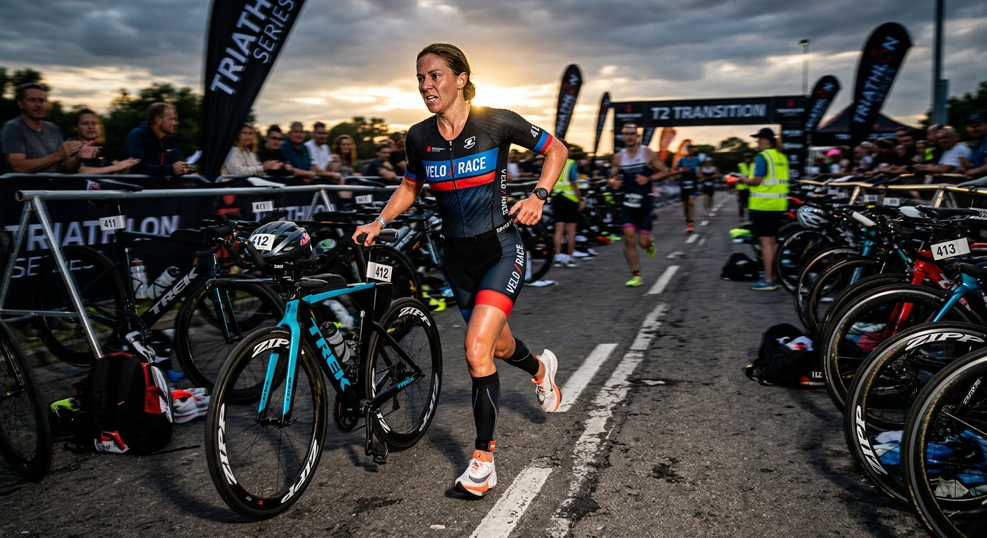 A triathlete transitioning during a race, captured with dramatic lighting and high-speed action blur.