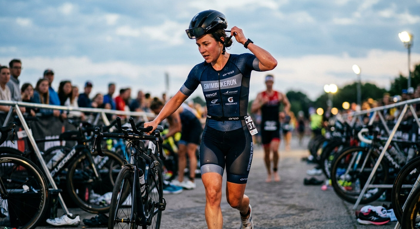 A triathlete transitioning during a race, captured with sharp focus and professional sports photography techniques showing intense athletic textures.