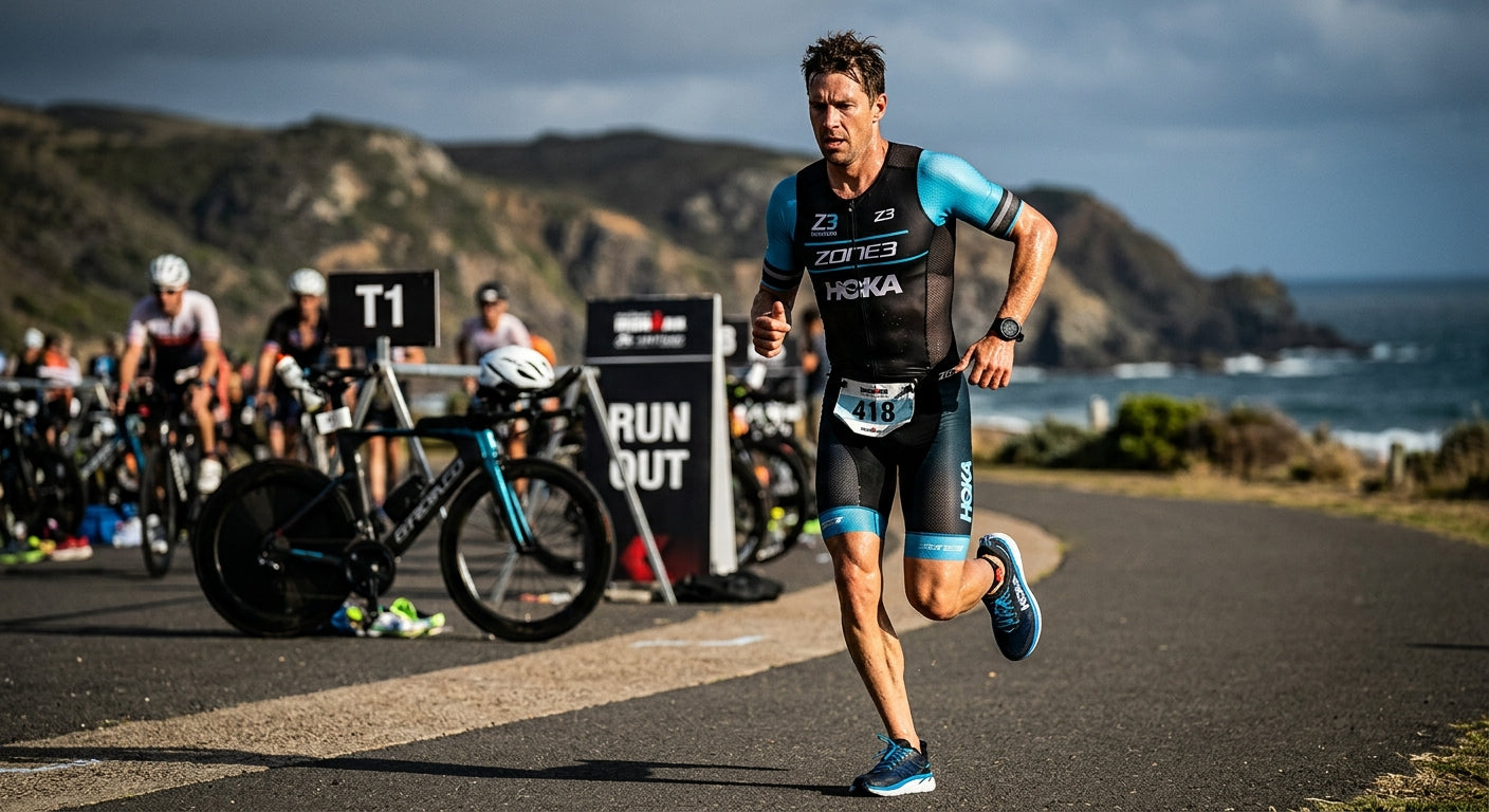 A triathlete transitioning during a training session, captured in a high-contrast, professional athletic photograph with fine textures and intense focus.