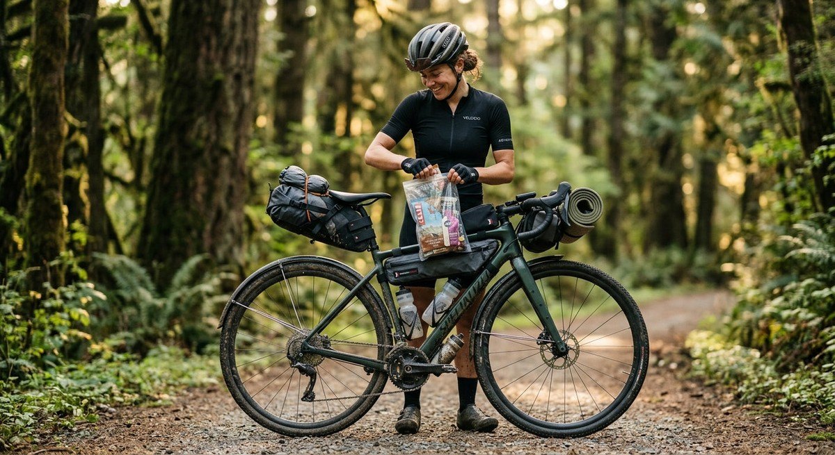 A well-organised bikepacking setup showing lightweight food supplies packed in high-performance frame bags with a blurred forest background.