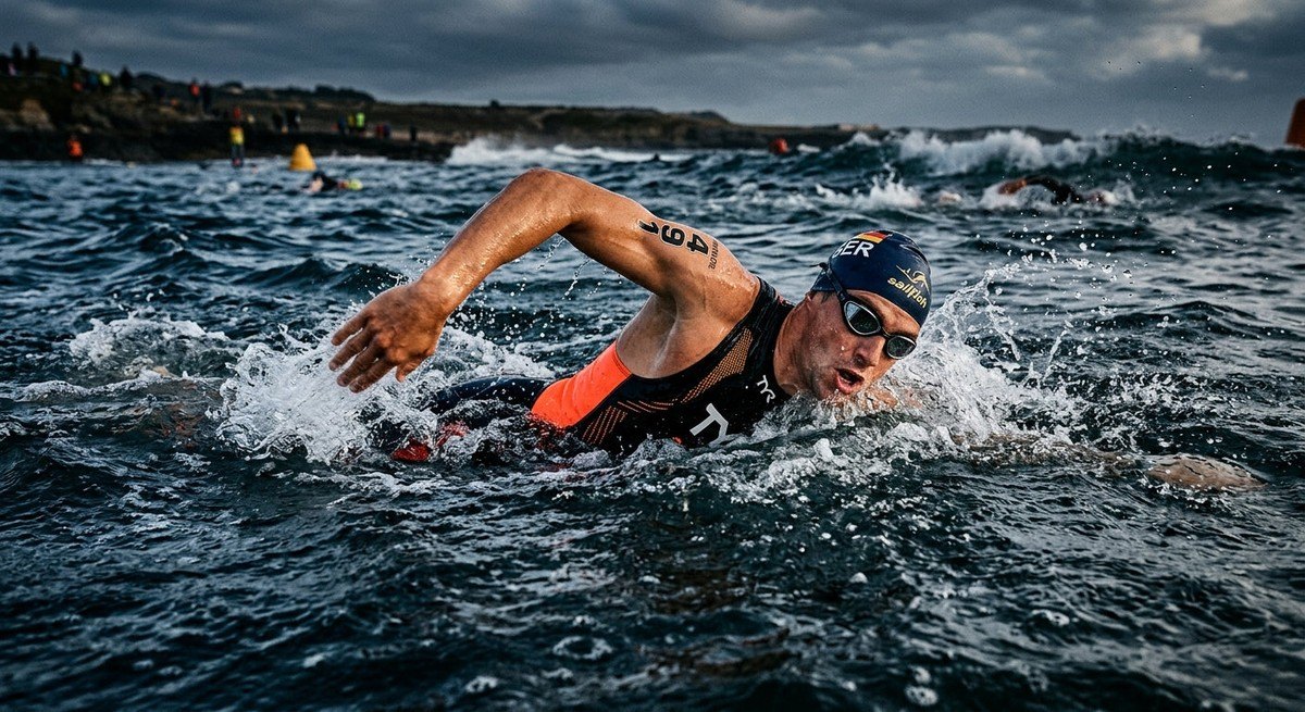 A wide-angle action shot of a triathlete performing a clean stroke in turbulent water, featuring dramatic contrast and sharp focus on the athlete's form.