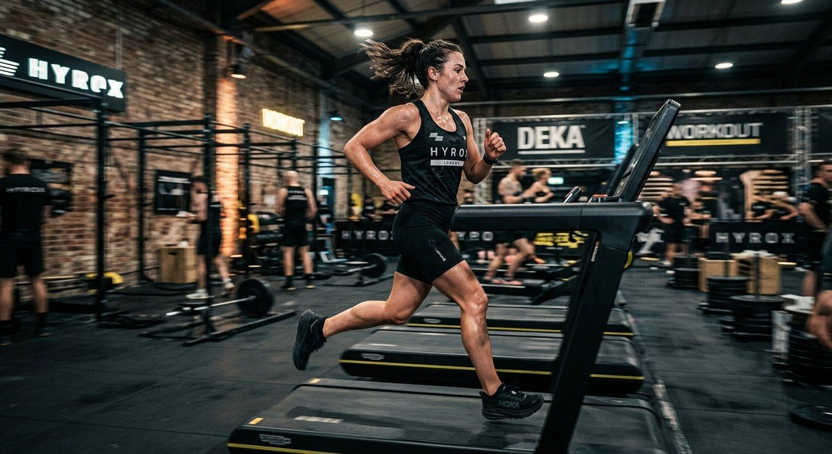 A wide-angle action shot of an athlete in mid-stride on a treadmill with motion blur, capturing the intensity of Hyrox-style training.